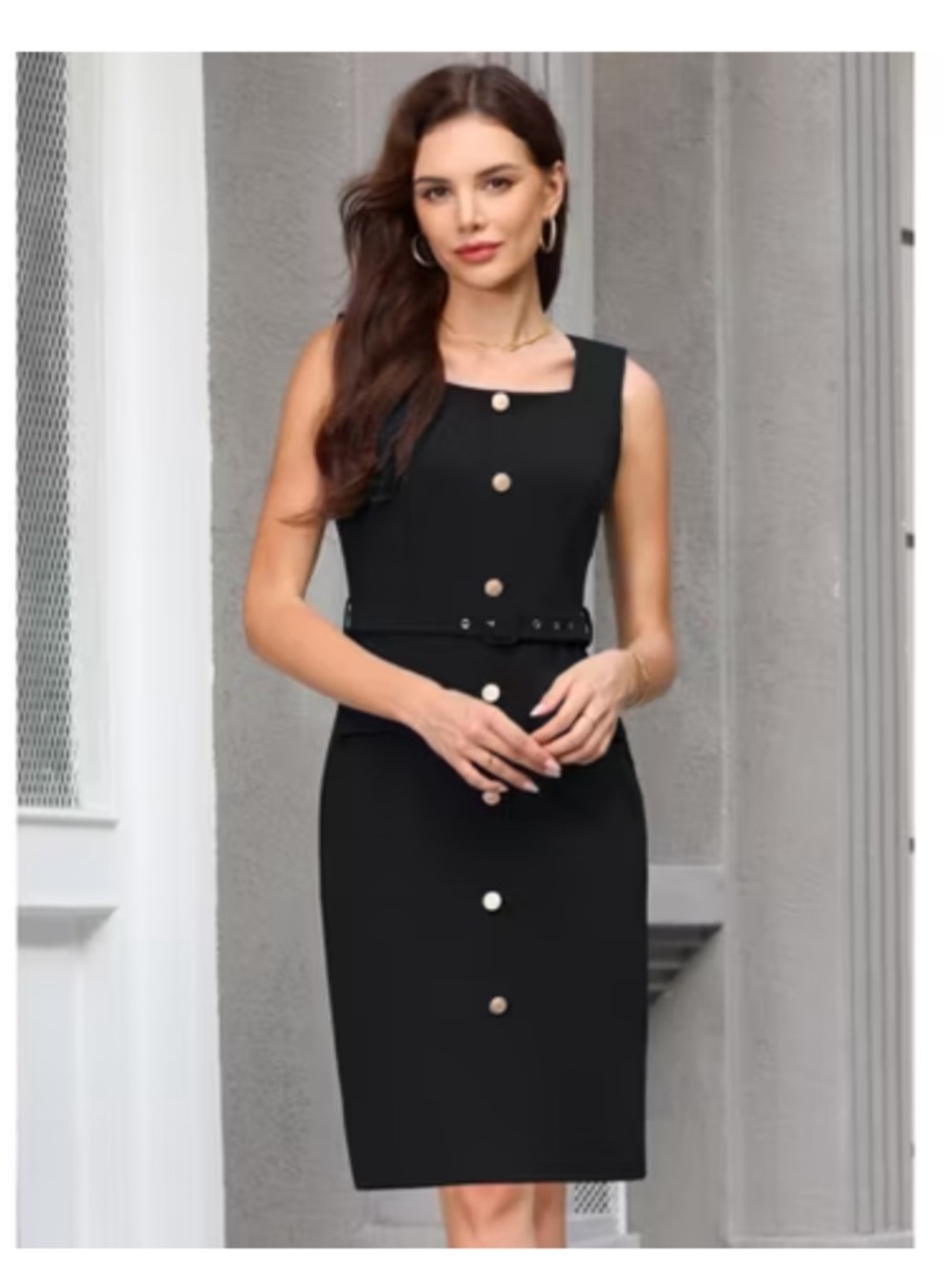 Grace Karin Black Gold Button-Front Midi Sheath Dress